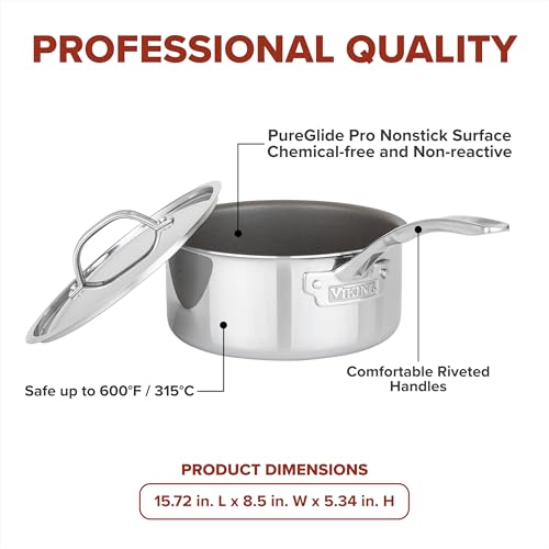 Image of Viking PureGlide Pro 3-Ply Nonstick Sauce Pan, Made without PFAS, 3-Quart Induction Cooking Pot with Lid, Metal Utensil Safe Titanium Nonstick Surface, Oven Safe to 600F