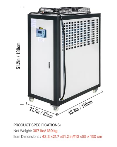 Image of VEVOR Air Cooled Water Chiller, 5 Ton Portable, 5HP /3.75KW Compressor Motor, 53L Capacity Stainless Steel Water Tank, Finned Condenser with Micro-Computer Control, Industrial Chiller for Cooling Water