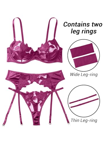 Image of Lilosy Sexy Leaf Floral Embroidered Mesh Sheer Women Underwire Push Up Lingerie Set