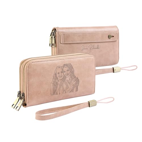 Personalized RFID Wallets for Women – Custom Name & Photo Leather Clutch, Double Zipper Large Capacity Wristlet, Mothers Day Wallet Gift for Mom Wife (PINK)