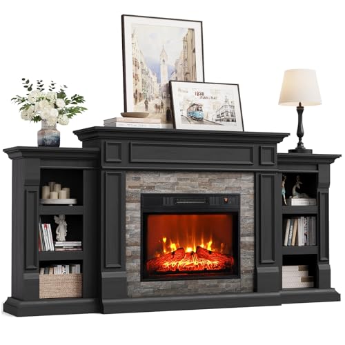 Naice 72' Electric Fireplace with Mantel and Cabinets, Fireplace TV Stand for Living Room Bedroom, Stacked Stone Surround and Remote Control 3D Realistic Flame, Black