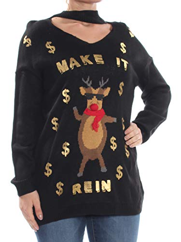 Ultra Flirt by Ikeddi Juniors' Make It Rein Choker-Neck Sweater (Black Reindeer, L)
