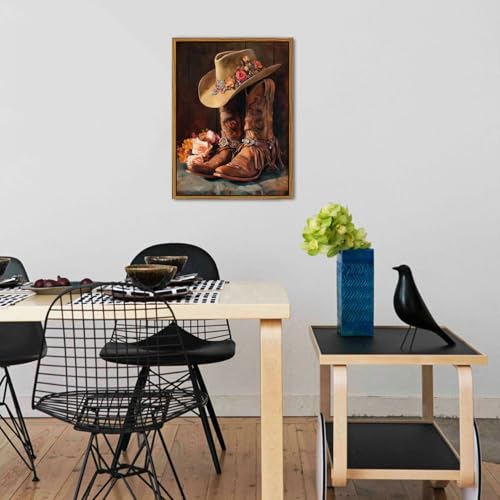 Image of Western Cowgirl Boots Wall Art Rustic Cowboy Hat and Leather Boots Floral Framed Painting Country Farmhouse Western Decor for Living Room Bedroom Aesthetic Canvas Artwork Home Decorations 16x24