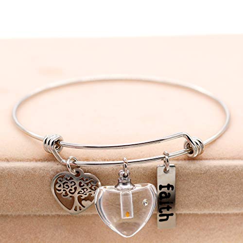 Image of Uloveido Mustard Seed Faith Tree Bangle Bracelet, Stainless Steel, with Glass Charm Bottle Case Y757