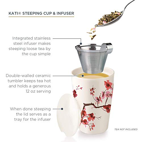 Tea Forte Kati Cup Tea Infuser Cup, Cherry Blossoms + Lotus Single Steeps Loose Tea Sampler Bundle #TOP2