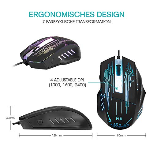 Rii RK400 Gaming Tastatur und Maus Set, LED Hintergrundbeleuchtung QWERTZ (DE-Layout), Regenbogen Farben Beleuchtete USB Wasserdicht Tastatur und Maus mit 2400 DPI für Pro PC Gamer - Image 4
