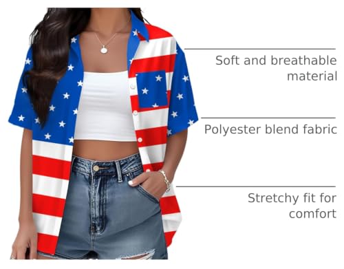 Image of Ithalt 4th of July Hawaiian Shirts Women American Flag Patriotic Short Sleeve Button Down Outfits Summer Vacation Tops