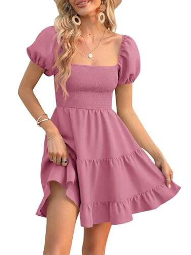 Image of Veatzaer Women's Puff Sleeve Square Neck Smocked Babydoll Dress Boho Floral Print Off Shoulder Ruffle Mini Short Dress