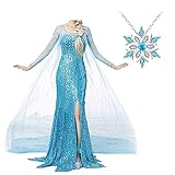 Choadam Princess Coronation Dress Snow Queen Adult Women cosplay wig necklace Costume Cosplay Halloween (Blue Dress+necklace,XL= 12-14size)