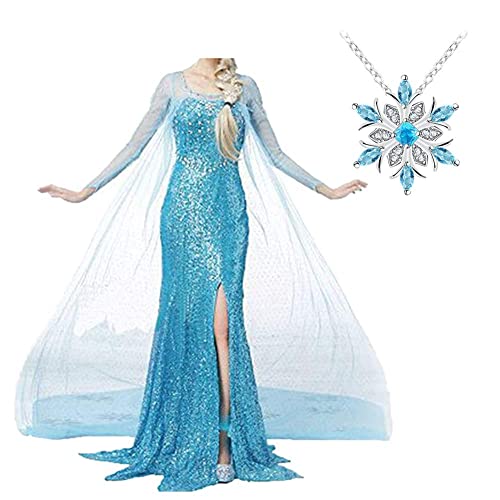Choadam Princess Coronation Dress Snow Queen Adult Women cosplay wig necklace Costume Cosplay Halloween (Blue Dress+necklace,L=8-12size)