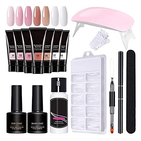 NiceJoy Nail Extension Gel Set, Full Set for Beginners Builder Gel for Nails Top Base Coat LED Lamp Tools, Polygel Gel Polish Starter Kit with Uv Lamp Nail File Clip, S Cover
