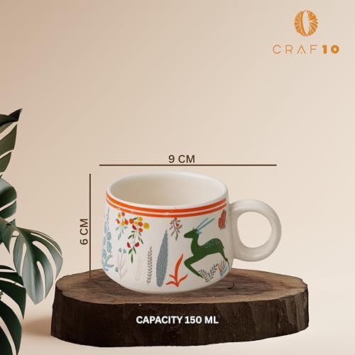 Image of CRAF10 Ceramic Handcrafted Green Stag Printed Tea Morning Set - 1 Kettle (1 Litre) & 6 Cups (160 ML) | Microwave & Dishwasher Safe | Teapot | Tea Sets with Kettle for Gifting