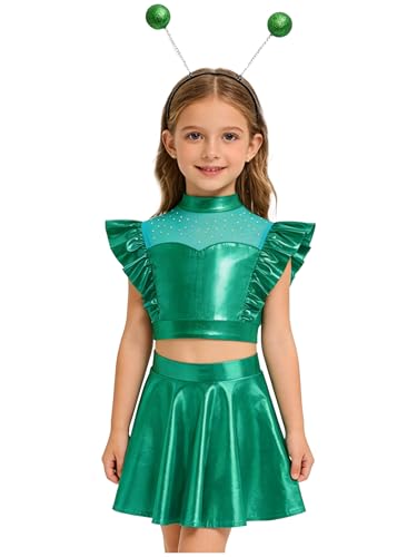 Rswnyirn Girls Metallic Alien Costume Rhinestones Sleeveless Ruffle Crop Tops and Mini Skirt Headband Pace Themed Party Green 5-6 Years