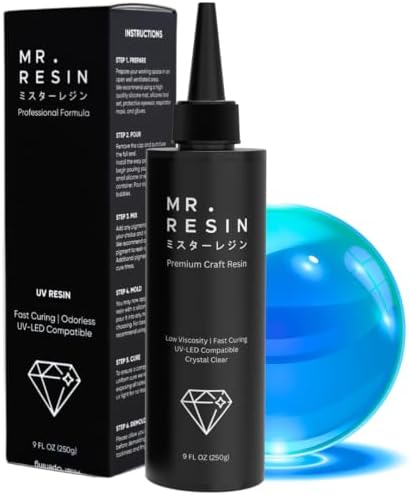 MR. RESIN Black Line New Formula! - Extra Yellow Resistance and Lower Odor! UV Resin for Jewelry & Keychain Making, Rock Painting and More. Silicone Tools, mat and Curing Light Included (250g Resin)