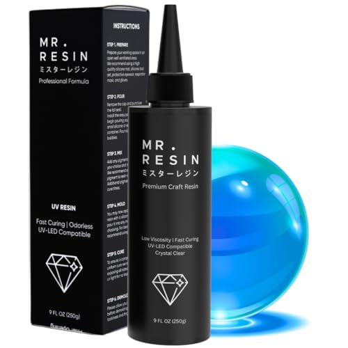 MR. RESIN Black Line New Formula! - Extra Yellow Resistance and Lower Odor! UV Resin for Jewelry & Keychain Making, Rock Painting and More. Silicone Tools, mat and Curing Light Included (250g Resin)