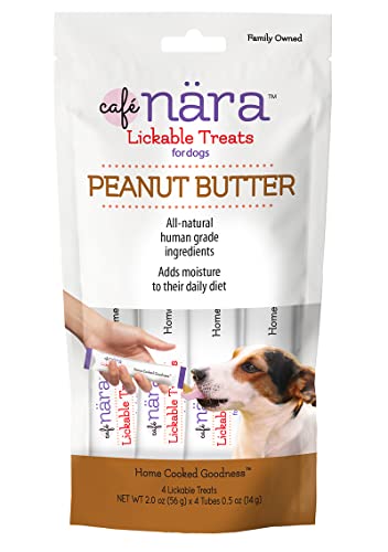 Caf Nara - Peanut Butter Lickable Treat for Dogs - Supports Pet Hydration - Wet Dog Food/Meal Topper - Traceable Ingredients - Wheat Corn & Soy Free - Non-GMO - 0.5 oz - 4 Tubes - 1 Pack