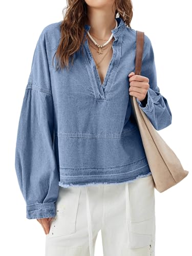 PLNOTME Womens Denim Tops Pullover Trendy Casual V Neck Loose Fit Puff Sleeve Jean Cotton Shirts2