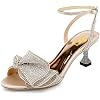 FSJ Women Peep Toe Rhinestone Rippling Bow Low Heels Sandals Comfortable Kitten Heels Ankle Strap Bridal Wedding Evening Shoes Size 4-15 US