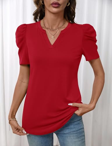 Image of LOMON Spring Summer Tops for Women 2026 V Neck Puff Short Sleeve Tops Fashion Trendy Work Blouses Dressy Casual S-XXL