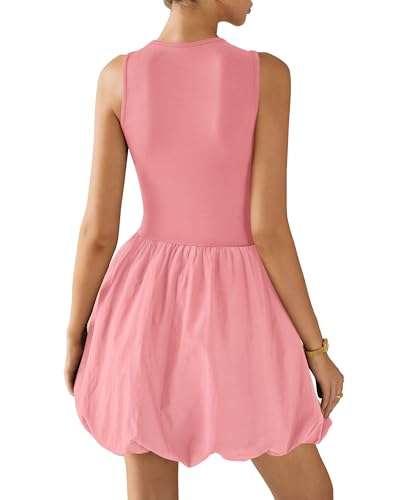 Image of KIRUNDO Summer Dresses for Women 2026 Cute Mini Sleeveless Bubble Dress | Stretchy Ruched Front Cinched Waist, Woven Balloon Skirt, Crewneck Tank Sundress With Pockets, Casual Party Vacation Outfits