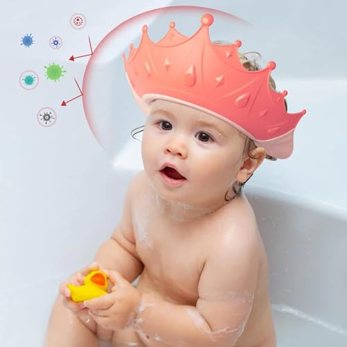 Image of FUNUPUP Baby Shower Cap for Kids, Baby Bath Shampoo Visor Cap Hair Washing Shield Adjustable, Pink Crown