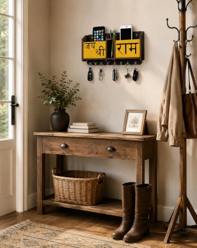 Image of Jai Shree Ram Key Holder Wooden Key Holder Stand for Home Wall, Office, Hall, Living Room, Bedroom Stylish Designer, Home Decor Two Pocket Mobile Charger and Pan Stand 8 Hooks MDF Brown