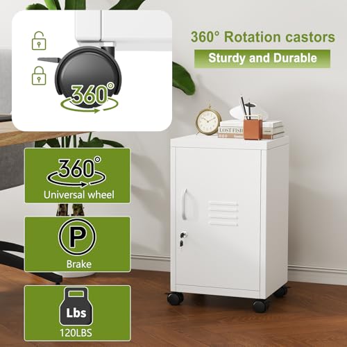 Image of pozdeg 24.4 inch H Metal Storage Locker with Wheels, Single Door Lockable Steel File Cabinet with Adjustable Shelf, Anti-Theft Locker for Home, Office, School, Gym Organizer, White