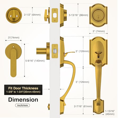 Image of Front Door Lock Set, Brass Front Door Handle and Deadbolt Set, Vintage Exterior Door Lock Set, Front Door Handle with Single Cylinder, Reversible for Right & Left, Antique Brass