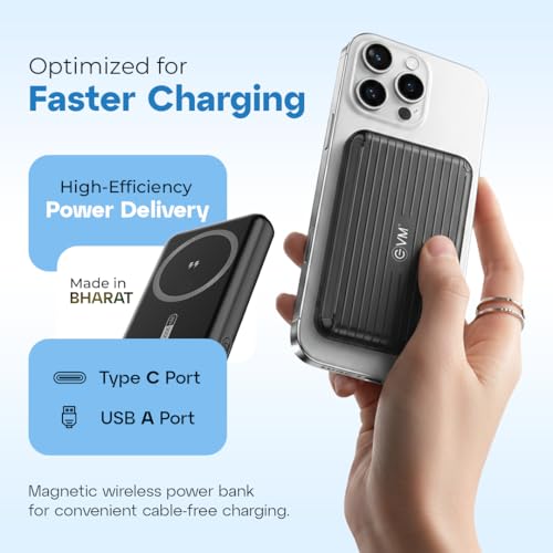 Image of EVM EnMag 17 10000mAh Magnetic Wireless Power Bank, 22.5W Fast Charging, 15W Wireless Charging, Type-C & USB Output, Slim & Lightweight Portable Charger, Compatible with Android & iOS (EVM P0502-B)