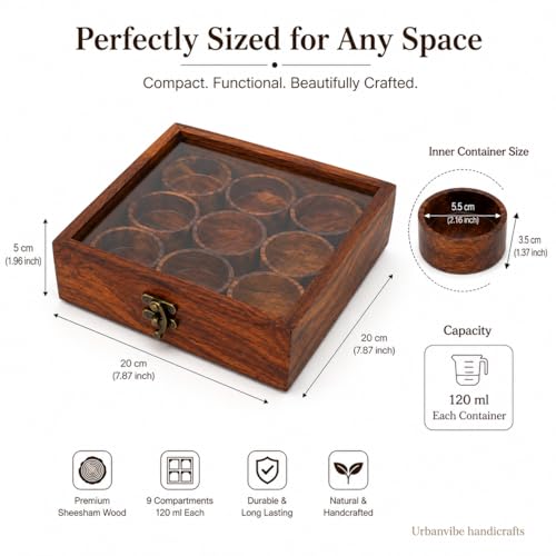 Image of Wooden Masala Box with Glass Lid|9 Compartments Spice Organizer for Kitchen|Handmade Sheesham Wood Spice Container|Traditional Masala Dabba for Herbs, Seasonings & Dry Fruits