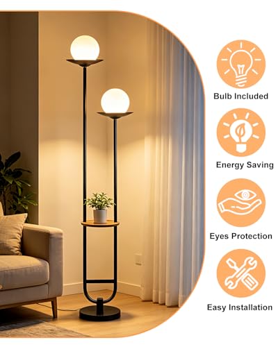 Image of Lightdot 63IN Black Floor Lamp with U Pole, 2 Globe Mid Century Standing Lamps Dimmable with 3000K Warm White LED Bulbs, Unique Vintage Tall Floor Lamp for Living Room /Wedding /Party