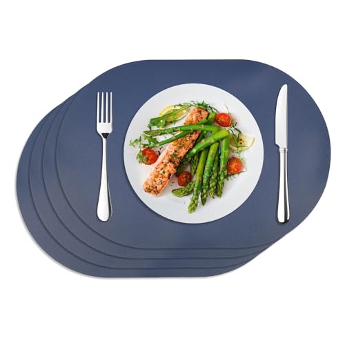 Placemats Faux Leather Double-Sided Oval Table Mats Set of 4, Heat-Resistant Waterproof Non-Slip Washable Mats for Kitchen Dinning Table, PU Table Mats (Blue+ Light Gray)