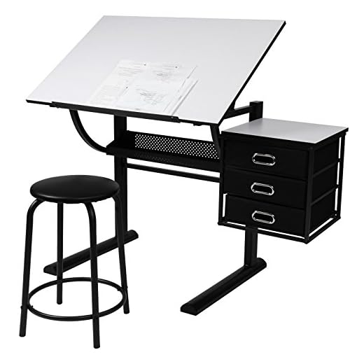 Mesa de Dibujo Reclinable - con Taburete, 3 Cajones y Espacio Adicional, Arte, Arquitectos y Técnicos - Cajon de Almacenamiento, Diseño Elegante, Mueble para Casa y Oficina
