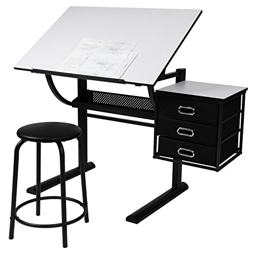 Mesa de Dibujo Reclinable - con Taburete, 3 Cajones y Espacio Adicional, Arte, Arquitectos y Técnicos - Cajon de Almacenamiento, Diseño Elegante, Mueble para Casa y Oficina