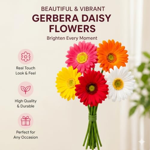 Image of CURATED CART Artificial Gerbera Daisy Flowers - Pack of 5 Faux Blooms, 30 cm | Real Touch PU Petals with Bendable Green Stems | Mixed Colours Flower Bouquet for Home, Kitchen, Office Decor (No Vase)