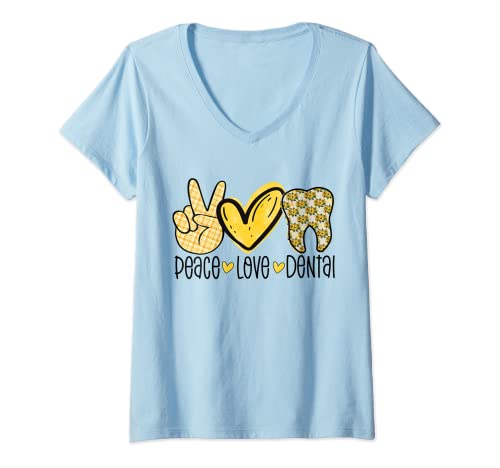 Mujer Peace Love Dental Assistant Dentista Regalo Diente de girasol Camiseta Cuello V