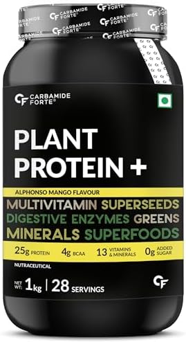 Carbamide Forte Plant Protein Powder For Men - Plant Based Protein Powder with Multivitamin, Minerals, Superfoods, Pea Protein, Digestive Enzymes - Alphonso Mango Flavour - 1kg