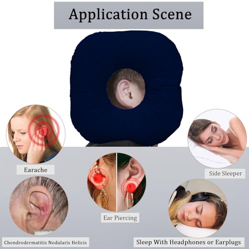Image of Ear Piercing Pillow for Side Sleepers, Pillow with an Ear Hole for CNH and Ear Pain Ear Inflammation Pressure Sores, O-Shaped Side Sleeping Pillow, Ear Guard Pillow (Ink-Blue)