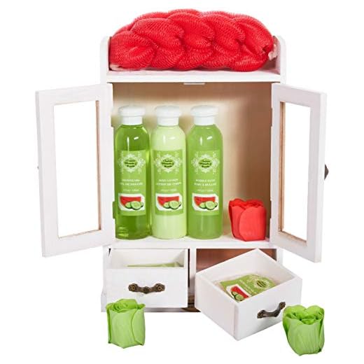 BRUBAKER Cosmetics - Coffret de bain - Pastèque & Concombre - 10 Pièces - Armoire en Bois/Blanc vintage - Idée cadeau