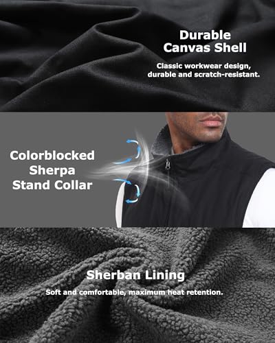 Venustas 12V Men's Dual-Control Heated Canvas Vest with Battery, Sherpa-Lined Electric Work Vest, Winter Heated Hunting Vest3