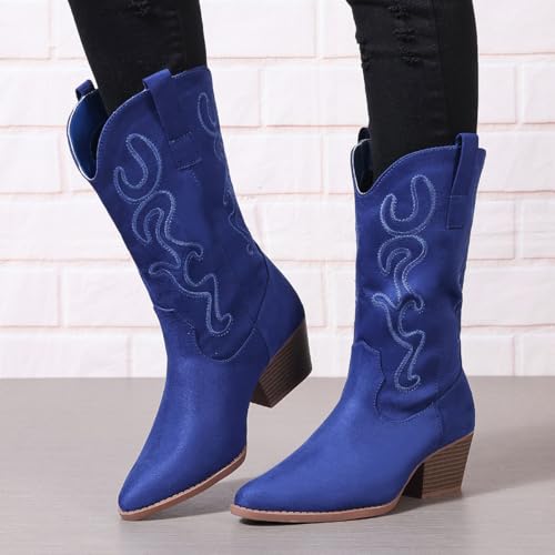 Cowboy Boots for Women Cowgirl Mid Calf Western Style Embroidery Stitched Low Chunky Heel Ladies Fashion Boots, US Size 5-112