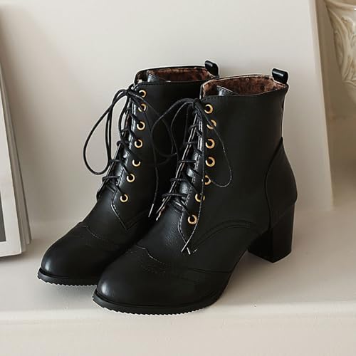 SHEMEE Women's Wingtip Block Heels Ankle Boots Lace-Up Stacked Chunky Heel Booties Round Toe Short Boots3