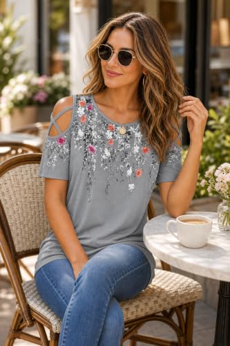 Image of Jar of Love Women's Summer Tops Short Sleeve Cold Shoulder Tops T-Shirts for Women Spring Summer Tops Loose Fit Tunic 2026
