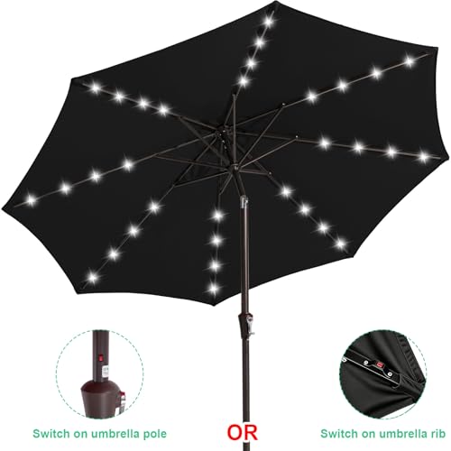 Image of JEAREY 9FT Outdoor Patio Umbrella with Solar Lights, LED Lighted Pool Umbrella with Tilt and Crank, Outdoor Table Umbrellas for Deck, Yard & Market (Jet Black)