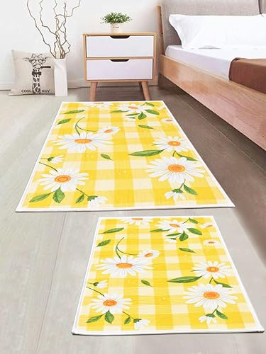 Image of Digital Printed Bathmat Set of 2 | Anti-Skid Mess Backing | Large & Small Combo | Water Absorbent, Quick Dry, Soft Floor Mat for Bathroom & Home Color - Floral Printed Yellow and White