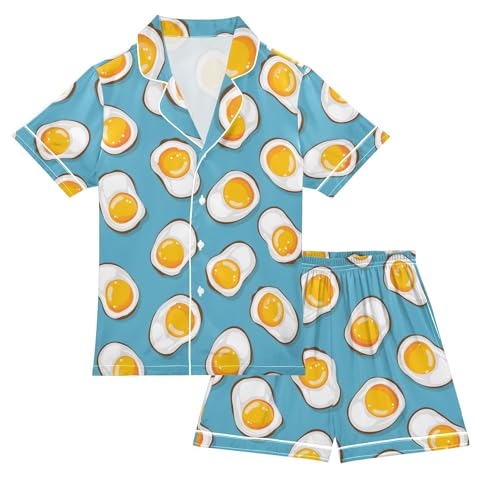 ALAZA Yellow Egg Blue Pajamas Satin Pajama Set Short Sleeve Button Down Sleepwear