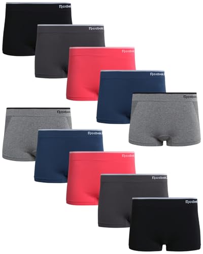 Reebok Womens Boyshorts Underwear - 10 Pack Stretch Performance Seamless Underwear for Women, 4” Inseam Tagless Waistband, Size Large, Grey/Denim/Coral/Blackened Pearl/Black