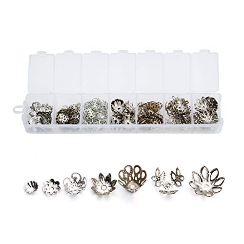 Forise 430pcs Hollow Flower End Caps Alloy Beads Spacers Fit Making Charm Bracelet Necklace 6/7/10/11/11.5/13/14mm(Silver)
