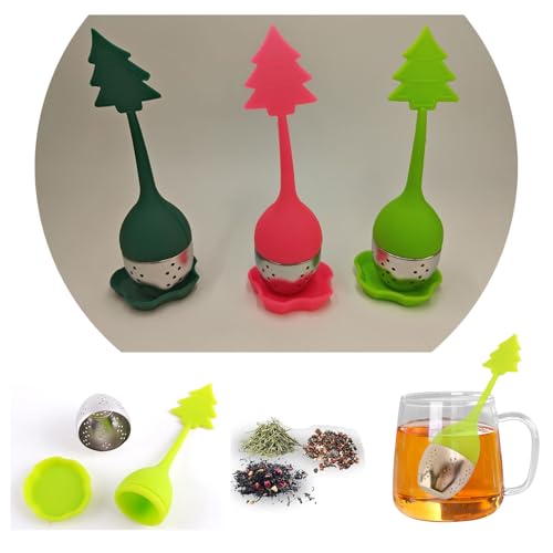 Furforstk infusore per tisane 3 pezzi infusore tè con piattino filtro per tisane, filtro te infusione, manico in silicone, filtro in acciaio inox, filtri te per tè sfusi e spezie (Albero di Natale)