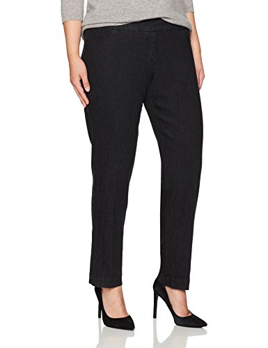 SLIM-SATION Women's Plus-Size Wide Band Pull-on Straight Leg Pant with Tummy Control, Black Denim, 20W